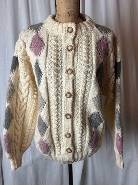 Vintage Standun Irish Knit Cardigan Sweater Argyle Cream Women’s Large READ